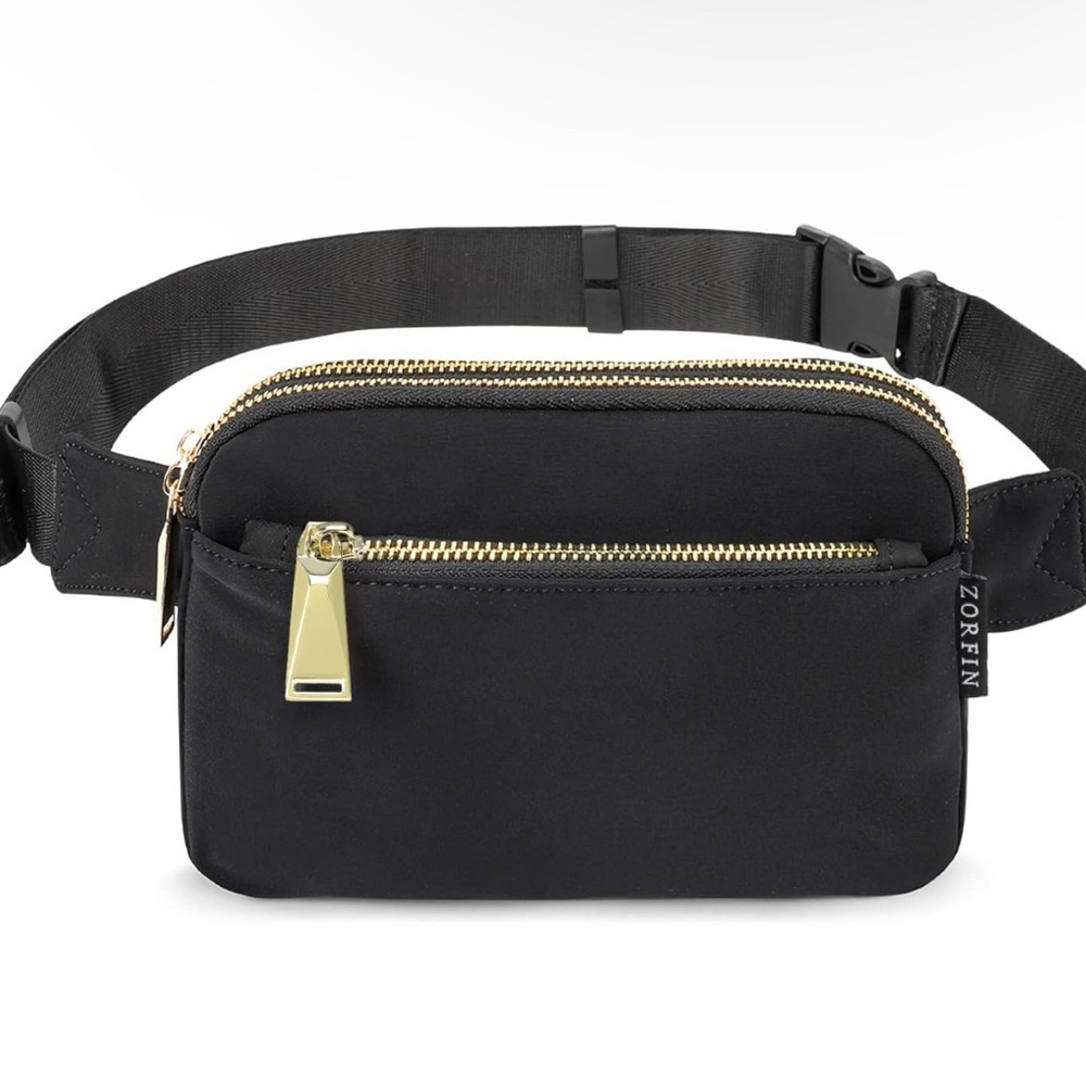 ZORFIN Black Belt Bag with Gold Zippers
